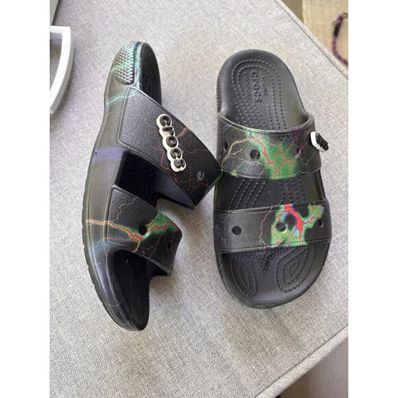 Crocs Classic Two-Strap Slide Sandals Black/Green US Men's 4 Women's 6 - Picture 3 of 6